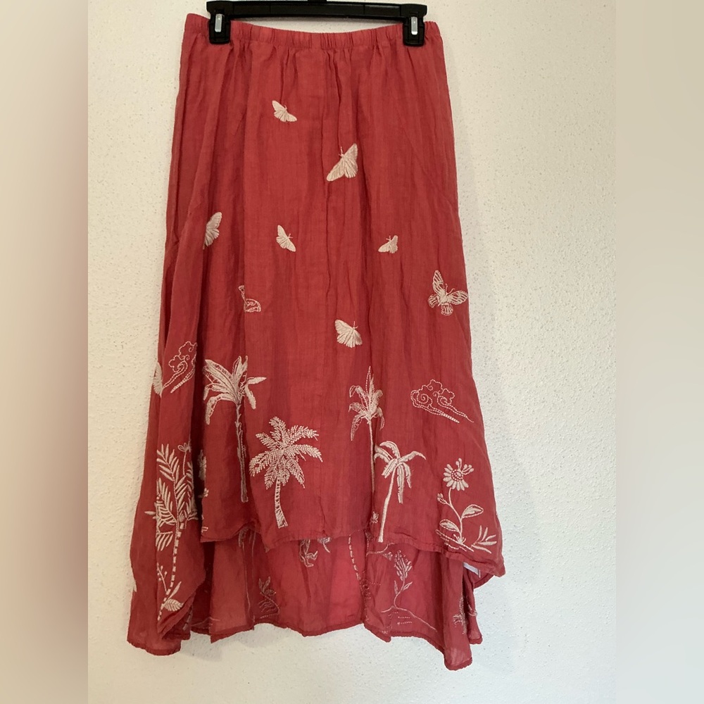 Johnny Was Linen Embroidered Maxi Skirt in coral size Small